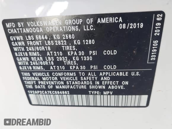 ✅ 2019 Volkswagen Atlas S • VIN: 1V2AP2CA7KC594862 • Лот: 43016781. Опубликован ранее на IAAI с пробегом 34 130 миль. Бесплатный доступ к архиву аукционных продаж из США и подробный отчёт об истории автомобиля на DreamBid. Изображение 9.