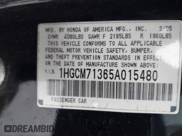 2005 Honda Accord LX with VIN 1HGCM71365A015480, listed as a IAAI auction lot 43176475 with 220,405 mi miles and . Bid and sale history available at DreamBid. Image 9.