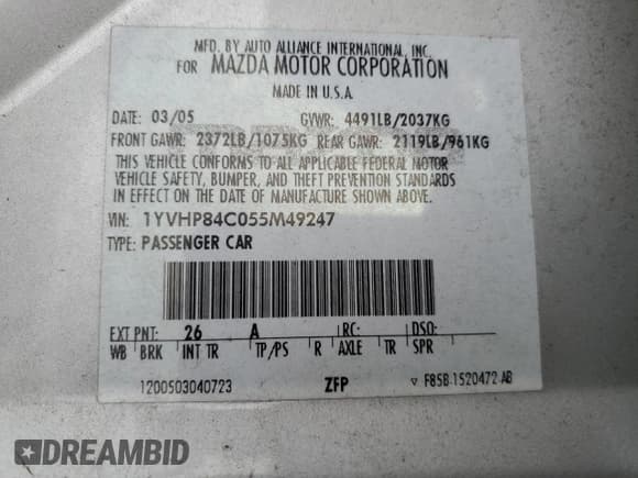 ✅ 2005 Mazda 6 Sport • VIN: 1YVHP84C055M49247 • Lot: 68562554. Listed on Copart with 113,271 mi. Free auction sales archive from the USA and detailed vehicle history report at DreamBid. Image 12.