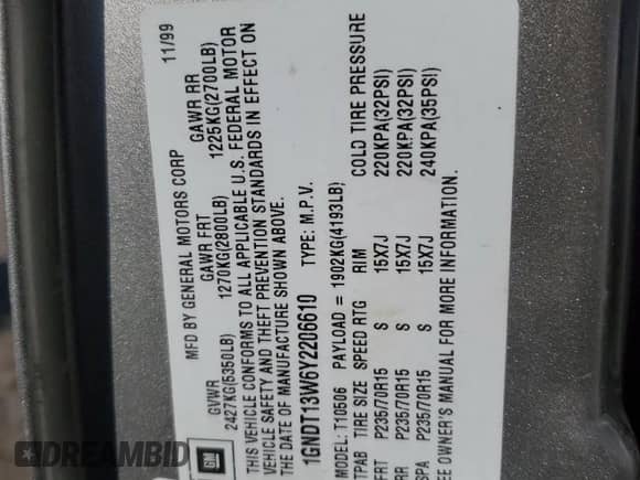 2000 Chevrolet Blazer LS with VIN 1GNDT13W6Y2206610, listed as a Copart auction lot 83566074 with 135,007 mi miles and Salvage title. Bid and sale history available at DreamBid. Image 13.