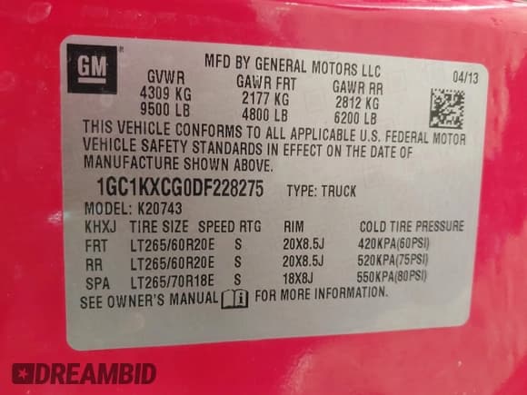 ✅ 2013 Chevrolet Silverado 2500HD LT • VIN: 1GC1KXCG0DF228275 • Lot: 41464323. Listed on IAAI with 93,952 mi. Free auction sales archive from the USA and detailed vehicle history report at DreamBid. Image 9.