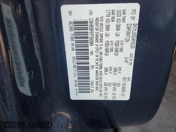 ✅ 2007 Dodge Durango Limited • VIN: 1D8HB58P07F583884 • Лот: 69045014. Опубликован ранее на Copart с пробегом 208 980 миль. Бесплатный доступ к архиву аукционных продаж из США и подробный отчёт об истории автомобиля на DreamBid. Изображение 13.