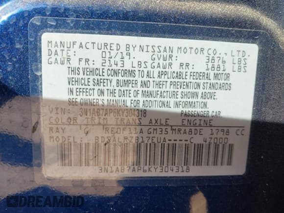 ✅ 2019 Nissan Sentra S • VIN: 3N1AB7AP6KY304318 • Лот: 43552434. Опубликован ранее на IAAI с пробегом 126 164 миль. Бесплатный доступ к архиву аукционных продаж из США и подробный отчёт об истории автомобиля на DreamBid. Изображение 9.