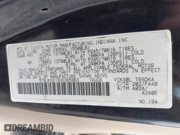 ✅ 2003 Toyota Tundra • VIN: 5TBJN32193S365963 • Lot: 43238257. Listed on IAAI with 192,447 mi. Free auction sales archive from the USA and detailed vehicle history report at DreamBid. Image 9.