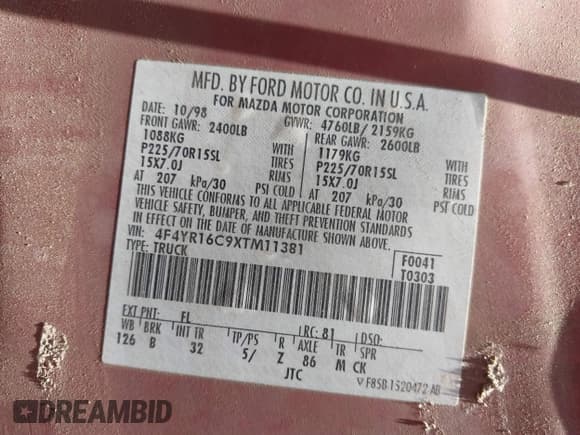 ✅ 1999 Mazda B-Series SE • VIN: 4F4YR16C9XTM11381 • Lot: 42744186. Listed on IAAI with 68,921 mi. Free auction sales archive from the USA and detailed vehicle history report at DreamBid. Image 9.