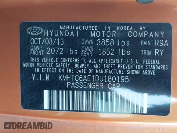 ✅ 2013 Hyundai Veloster Turbo • VIN: KMHTC6AE1DU180195 • Lot: 43804264. Listed on IAAI with 139,844 mi. Free auction sales archive from the USA and detailed vehicle history report at DreamBid. Image 9.