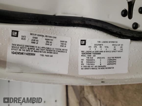 ✅ 2001 Buick Park Avenue • VIN: 1G4CW54K114283664 • Lot: 90363495. Listed on Copart with 55,310 mi. Free auction sales archive from the USA and detailed vehicle history report at DreamBid. Image 12.