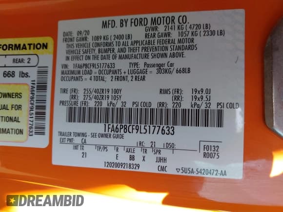 ✅ 2020 Ford Mustang GT • VIN: 1FA6P8CF9L5177633 • Lot: 43136883. Listed on IAAI with 7,350 mi. Free auction sales archive from the USA and detailed vehicle history report at DreamBid. Image 9.