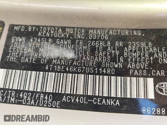 ✅ 2007 Toyota Camry LE • VIN: 4T1BE46K67U511480 • Lot: 43571677. Listed on IAAI with 238,084 mi. Free auction sales archive from the USA and detailed vehicle history report at DreamBid. Image 9.