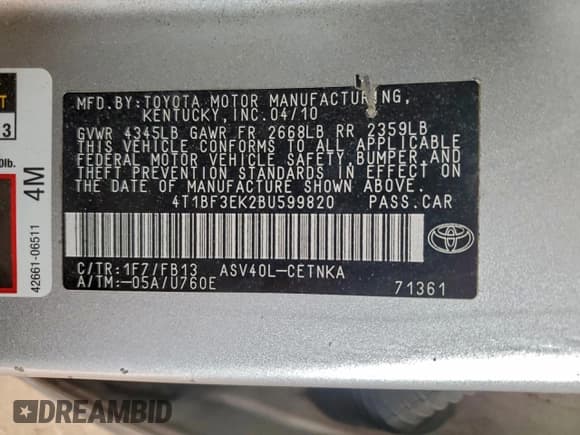 ✅ 2011 Toyota Camry LE • VIN: 4T1BF3EK2BU599820 • Лот: 94257535. Опубликован ранее на Copart с пробегом 212 888 миль. Бесплатный доступ к архиву аукционных продаж из США и подробный отчёт об истории автомобиля на DreamBid. Изображение 12.