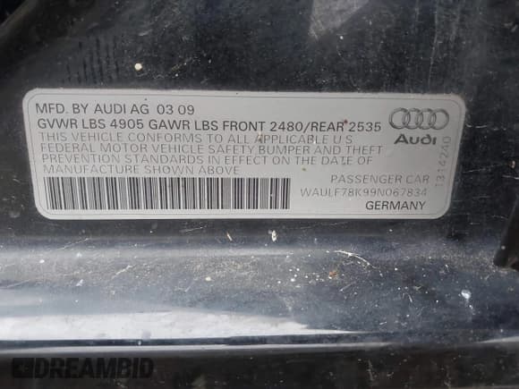 ✅ 2009 Audi A4 Premium • VIN: WAULF78K99N067834 • Lot: 43420776. Listed on IAAI with 118,617 mi. Free auction sales archive from the USA and detailed vehicle history report at DreamBid. Image 9.