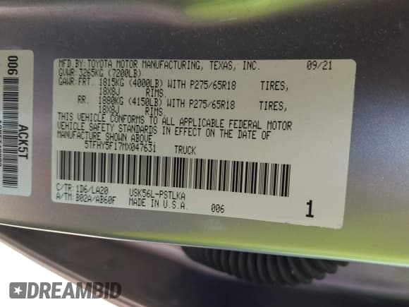 ✅ 2021 Toyota Tundra Limited • VIN: 5TFHY5F17MX047631 • Lot: 42914101. Listed on IAAI with 35,100 mi. Free auction sales archive from the USA and detailed vehicle history report at DreamBid. Image 9.