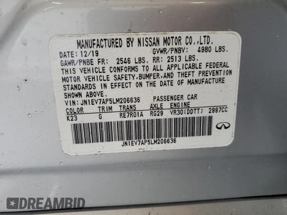 ✅ 2020 Infiniti Q50 Pure • VIN: JN1EV7AP5LM206636 • Lot: 54479215. Listed on Copart with 79,174 mi. Free auction sales archive from the USA and detailed vehicle history report at DreamBid. Image 12.