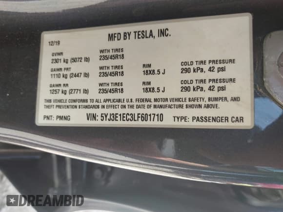 ✅ 2020 Tesla Model 3 Performance • VIN: 5YJ3E1EC3LF601710 • Lot: 42555344. Listed on IAAI with 46,045 mi. Free auction sales archive from the USA and detailed vehicle history report at DreamBid. Image 9.