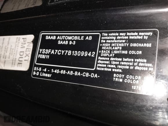 ✅ 2011 Saab 9-3 • VIN: YS3FA7CY7B1309942 • Lot: 42409342. Listed on IAAI with 102,178 mi. Free auction sales archive from the USA and detailed vehicle history report at DreamBid. Image 9.