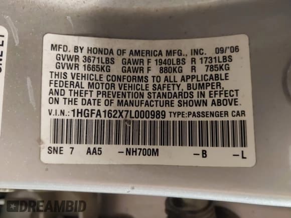 ✅ 2007 Honda Civic DX • VIN: 1HGFA162X7L000989 • Лот: 42254019. Опубликован ранее на IAAI с пробегом 46 182 миль. Бесплатный доступ к архиву аукционных продаж из США и подробный отчёт об истории автомобиля на DreamBid. Изображение 9.