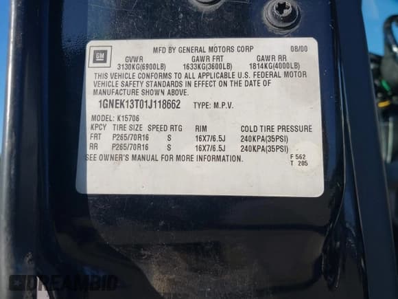 ✅ 2001 Chevrolet Tahoe LT • VIN: 1GNEK13T01J118662 • Lot: 43786967. Listed on IAAI with 346,882 mi. Free auction sales archive from the USA and detailed vehicle history report at DreamBid. Image 9.