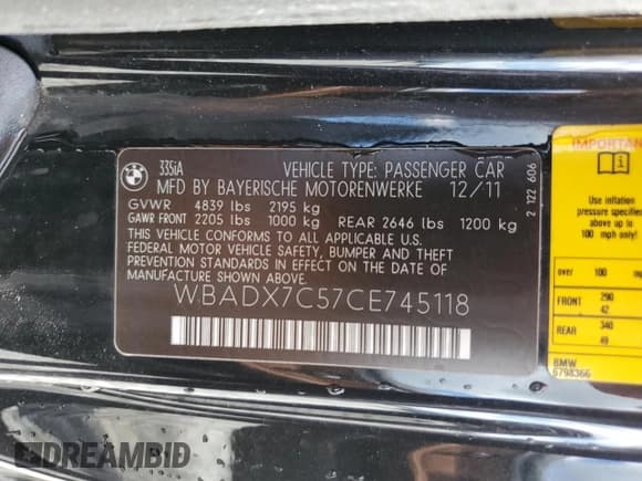 ✅ 2012 BMW 3 Series 335i • VIN: WBADX7C57CE745118 • Лот: 82150215. Опубликован ранее на Copart с пробегом 52 305 миль. Бесплатный доступ к архиву аукционных продаж из США и подробный отчёт об истории автомобиля на DreamBid. Изображение 12.