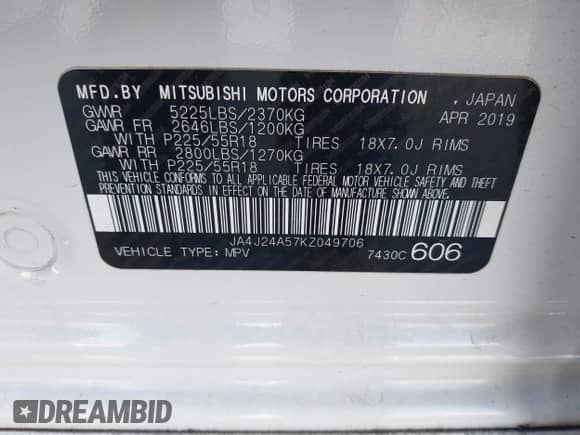 2019 Mitsubishi Outlander SEL с VIN JA4J24A57KZ049706, выставлен на аукционе IAAI как лот 41500699 с пробегом 160 280 миль миль и . История ставок и продаж доступна на DreamBid. Изображение 9.