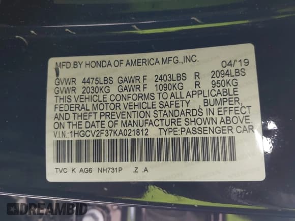 ✅ 2019 Honda Accord Sport • VIN: 1HGCV2F37KA021812 • Lot: 42505274. Listed on IAAI with 128,584 mi. Free auction sales archive from the USA and detailed vehicle history report at DreamBid. Image 9.