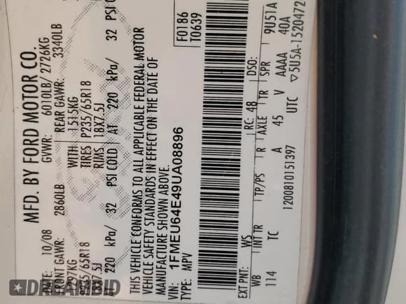 ✅ 2009 Ford Explorer Eddie Bauer • VIN: 1FMEU64E49UA08896 • Lot: 57346895. Wystawiony na Copart z przebiegiem 106 106 mil. Bezpłatny archiwum sprzedaży aukcyjnych z USA i szczegółowy raport historii pojazdu na DreamBid. Zdjęcie 13.