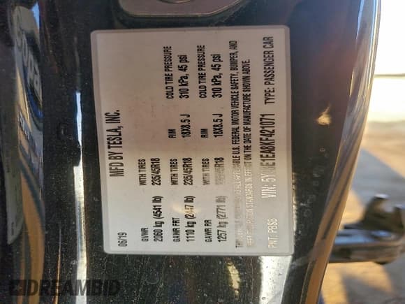 ✅ 2019 Tesla Model 3 Mid Range • VIN: 5YJ3E1EA8KF421071 • Lot: 94134065. Listed on Copart with 129,982 mi. Free auction sales archive from the USA and detailed vehicle history report at DreamBid. Image 13.