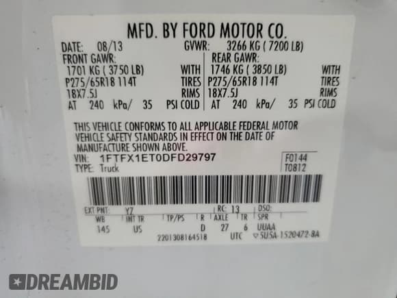 ✅ 2013 Ford F-150 XL • VIN: 1FTFX1ET0DFD29797 • Lot: 67974845. Listed on Copart with 175,988 mi. Free auction sales archive from the USA and detailed vehicle history report at DreamBid. Image 12.