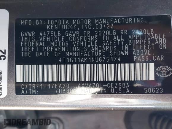 2022 Toyota Camry SE с VIN 4T1G11AK1NU675174, выставлен на аукционе IAAI как лот 43353529 с пробегом 71 275 миль миль и . История ставок и продаж доступна на DreamBid. Изображение 9.