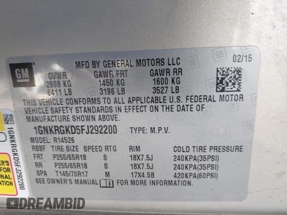 ✅ 2015 Chevrolet Traverse LT • VIN: 1GNKRGKD5FJ292200 • Lot: 43601906. Wystawiony na IAAI z przebiegiem 165 844 mil. Bezpłatny archiwum sprzedaży aukcyjnych z USA i szczegółowy raport historii pojazdu na DreamBid. Zdjęcie 9.