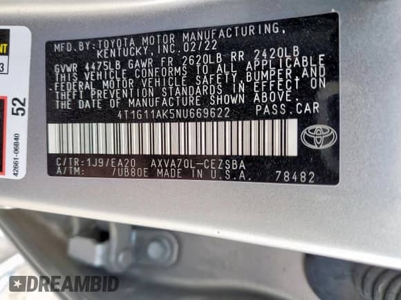 2022 Toyota Camry SE z VIN 4T1G11AK5NU669622, wystawiony jako Copart lot #81820025 z przebiegiem 38 414 mil mil oraz Szkoda całkowita • Salvage title. Historia ofert i sprzedaży dostępna na DreamBid. Obrazek 12.