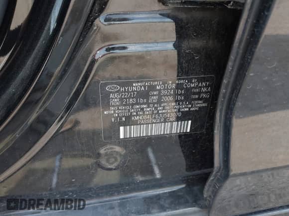 2018 Hyundai Elantra Value Edition with VIN KMHD84LF6JU543070, listed as a IAAI auction lot 42053572 with 59,437 mi miles and . Bid and sale history available at DreamBid. Image 9.