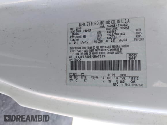 ✅ 2001 Ford F-150 XL • VIN: 1FTZF17201NB67319 • Лот: 43153532. Опубликован ранее на IAAI с пробегом Не указан. Бесплатный доступ к архиву аукционных продаж из США и подробный отчёт об истории автомобиля на DreamBid. Изображение 9.