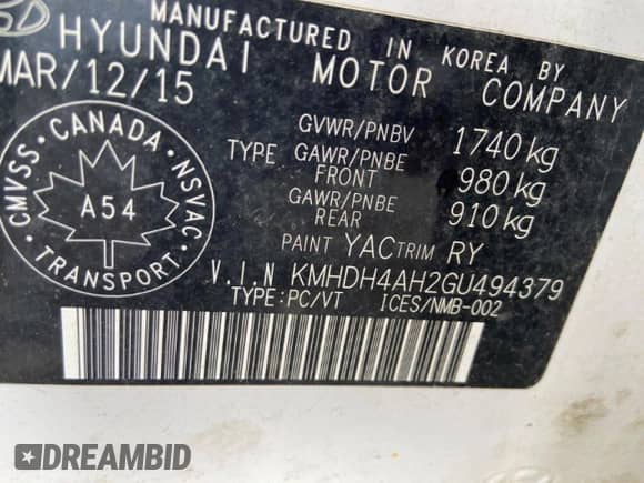 2016 Hyundai Elantra Sport with VIN KMHDH4AH2GU494379, listed as a Copart auction lot 48768815 with 149,972 mi miles and Clean title. Bid and sale history available at DreamBid. Image 13.