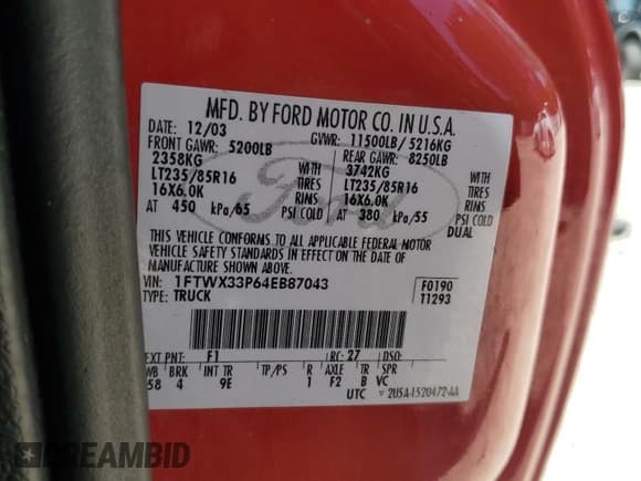 ✅ 2004 Ford F-350 XL • VIN: 1FTWX33P64EB87043 • Lot: 58898305. Listed on Copart with 161,362 mi. Free auction sales archive from the USA and detailed vehicle history report at DreamBid. Image 12.