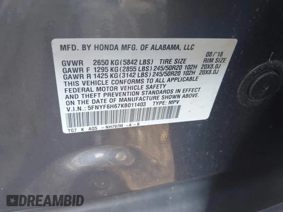 ✅ 2019 Honda Pilot Touring 7-Passenger • VIN: 5FNYF6H67KB011403 • Lot: 43373855. Listed on IAAI with 56,889 mi. Free auction sales archive from the USA and detailed vehicle history report at DreamBid. Image 9.