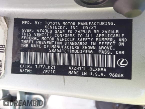 ✅ 2021 Lexus ES 300h • VIN: 58ADA1C11MU007356 • Lot: 43012434. Listed on IAAI with 46,878 mi. Free auction sales archive from the USA and detailed vehicle history report at DreamBid. Image 9.