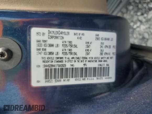 ✅ 2001 Dodge Durango • VIN: 1B4HS28NX1F603929 • Лот: 69950445. Опубликован ранее на Copart с пробегом 310 575 миль. Бесплатный доступ к архиву аукционных продаж из США и подробный отчёт об истории автомобиля на DreamBid. Изображение 12.