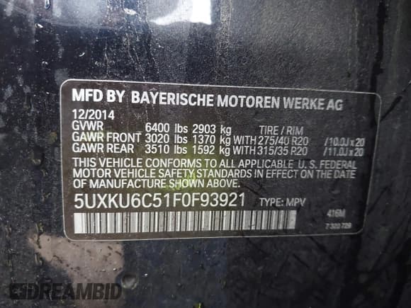 ✅ 2015 BMW X6 xDrive50i • VIN: 5UXKU6C51F0F93921 • Lot: 43049964. Listed on IAAI with 145,578 mi. Free auction sales archive from the USA and detailed vehicle history report at DreamBid. Image 9.