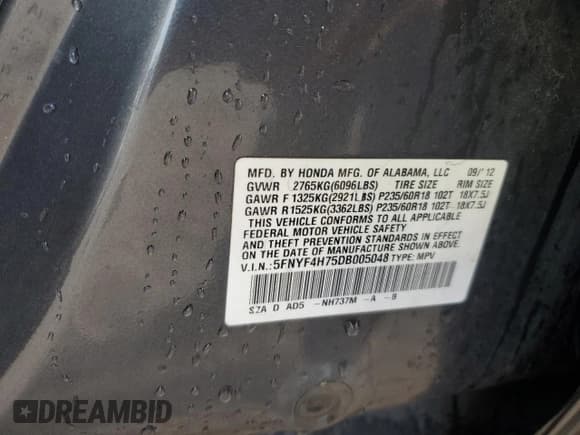 ✅ 2013 Honda Pilot EX-L • VIN: 5FNYF4H75DB005048 • Lot: 91344535. Listed on Copart with 179,059 mi. Free auction sales archive from the USA and detailed vehicle history report at DreamBid. Image 12.