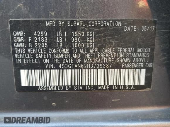 ✅ 2017 Subaru Impreza Limited • VIN: 4S3GTAN62H3739387 • Lot: 85477505. Listed on Copart with 140,502 mi. Free auction sales archive from the USA and detailed vehicle history report at DreamBid. Image 12.