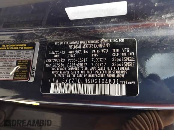 2013 Hyundai Santa Fe Sport with VIN 5XYZTDLB9DG104831, listed as a IAAI auction lot 43277654 with 97,112 mi miles and . Bid and sale history available at DreamBid. Image 9.