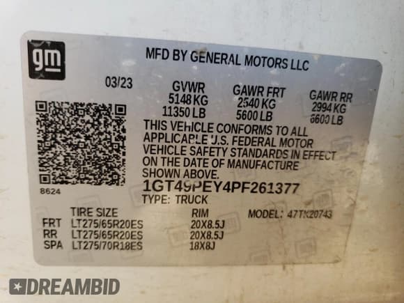 ✅ 2023 GMC Sierra 2500HD AT4 • VIN: 1GT49PEY4PF261377 • Lot: 85352395. Wystawiony na Copart z przebiegiem 40 306 mil. Bezpłatny archiwum sprzedaży aukcyjnych z USA i szczegółowy raport historii pojazdu na DreamBid. Zdjęcie 12.