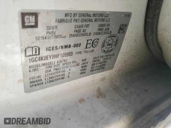 2017 Chevrolet Silverado 3500HD LTZ с VIN 1GC4K0EY8HF108983, выставлен на аукционе Copart как лот 73534014 с пробегом 121 390 миль миль и Списание • Salvage title. История ставок и продаж доступна на DreamBid. Изображение 15.