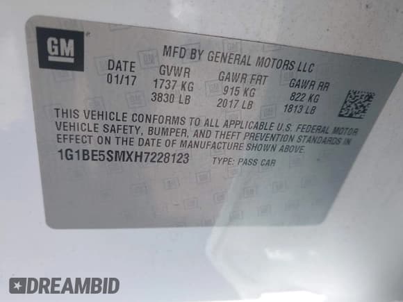 ✅ 2017 Chevrolet Cruze LT • VIN: 1G1BE5SMXH7228123 • Lot: 43396571. Listed on IAAI with 66,224 mi. Free auction sales archive from the USA and detailed vehicle history report at DreamBid. Image 9.