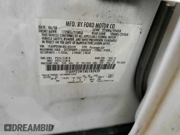 ✅ 2008 Ford Taurus Limited • VIN: 1FAHP25W18G183439 • Лот: 69811174. Опубликован ранее на Copart с пробегом 201 462 миль. Бесплатный доступ к архиву аукционных продаж из США и подробный отчёт об истории автомобиля на DreamBid. Изображение 12.