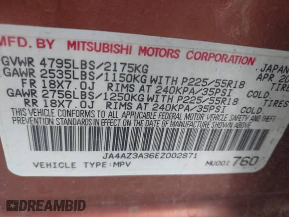 2014 Mitsubishi Outlander SE with VIN JA4AZ3A36EZ002871, listed as a IAAI auction lot 43449462 with 165,677 mi miles and . Bid and sale history available at DreamBid. Image 9.