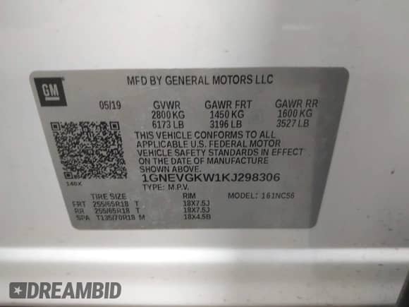 2019 Chevrolet Traverse LT Cloth z VIN 1GNEVGKW1KJ298306, wystawiony jako IAAI lot #43302460 z przebiegiem 76 785 mil mil oraz . Historia ofert i sprzedaży dostępna na DreamBid. Obrazek 9.