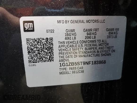 2022 Chevrolet Malibu LS z VIN 1G1ZB5ST9NF183868, wystawiony jako Copart lot #89924115 z przebiegiem Nie podano mil oraz Czysty tytuł • Clean title. Historia ofert i sprzedaży dostępna na DreamBid. Obrazek 12.