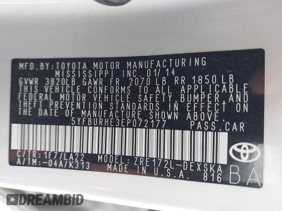 ✅ 2014 Toyota Corolla L • VIN: 5YFBURHE3EP072177 • Lot: 43179766. Wystawiony na IAAI z przebiegiem 114 789 mil. Bezpłatny archiwum sprzedaży aukcyjnych z USA i szczegółowy raport historii pojazdu na DreamBid. Zdjęcie 9.