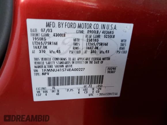 ✅ 2004 Ford Excursion Special Serv • VIN: 1FMNU41S74EA00227 • Лот: 65231825. Опубликован ранее на Copart с пробегом 63 875 миль. Бесплатный доступ к архиву аукционных продаж из США и подробный отчёт об истории автомобиля на DreamBid. Изображение 13.